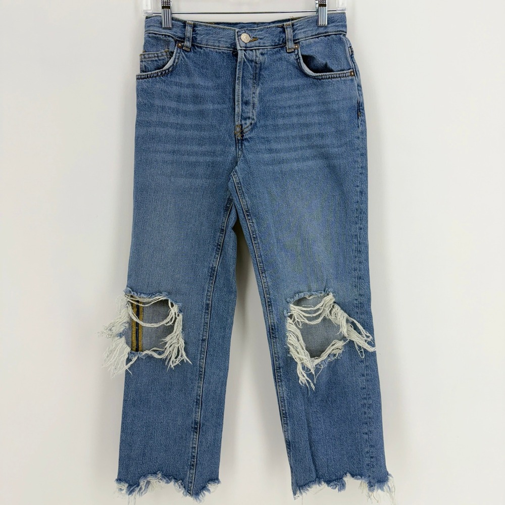 Free People Distressed Straight Leg Jeans Blue Medium Wash Raw Hem Button Fly 26